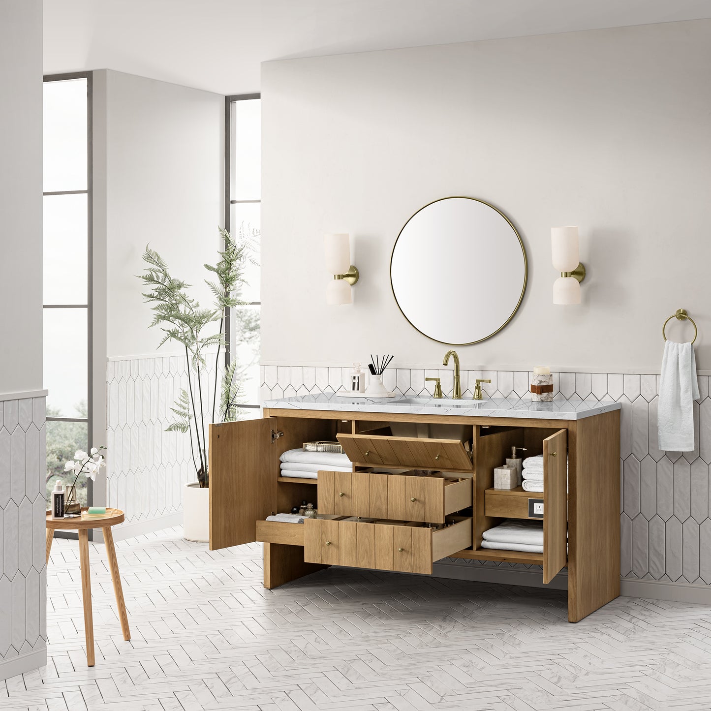 Hudson 60" Single Vanity, Light Natural Oak w/ 3 CM Ethereal Noctis Top w/ FreePower Wireless Charger