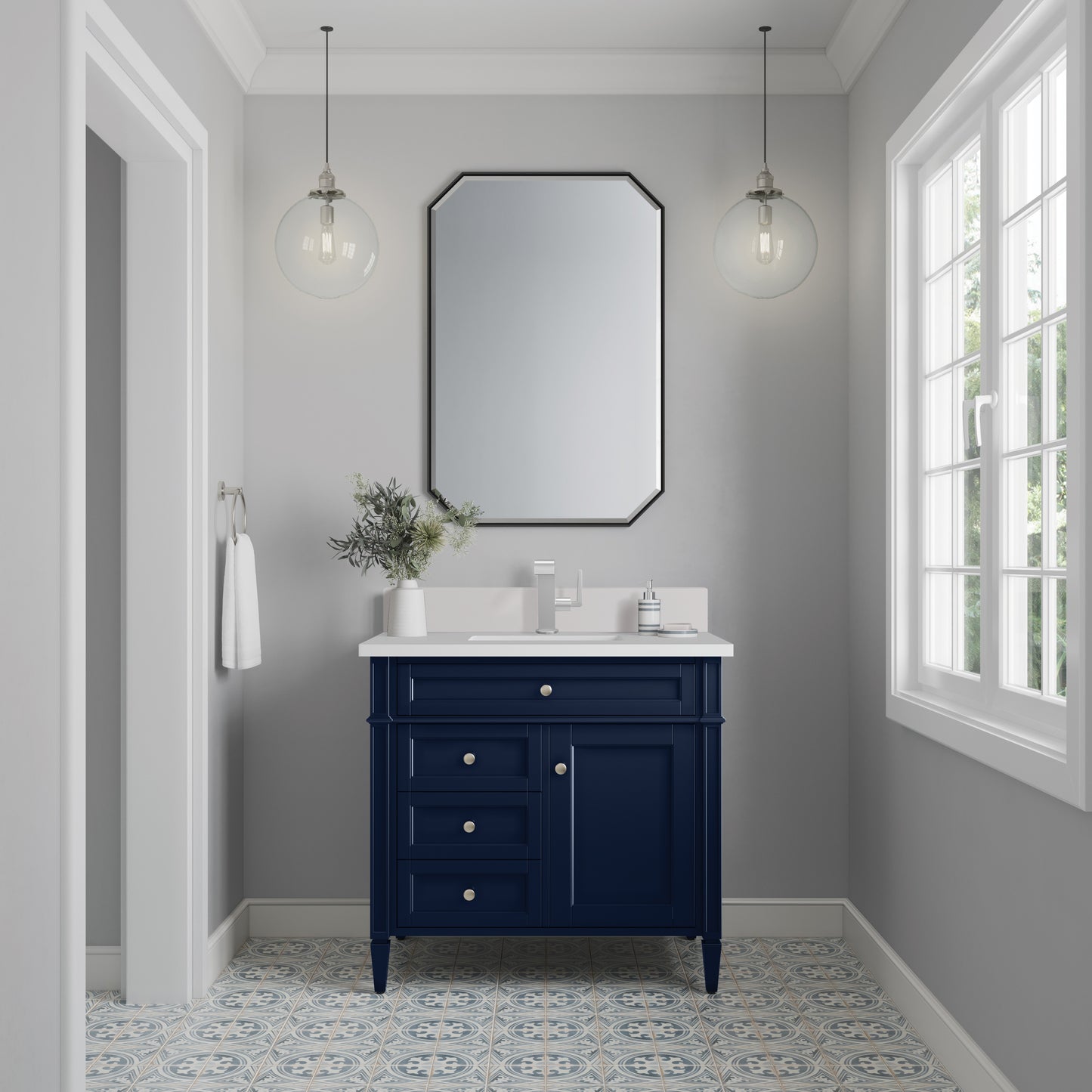 Brittany 36" Single Vanity, Victory Bleu w/ Single Hole 3 CM White Zeus Silestone Top & Backsplash