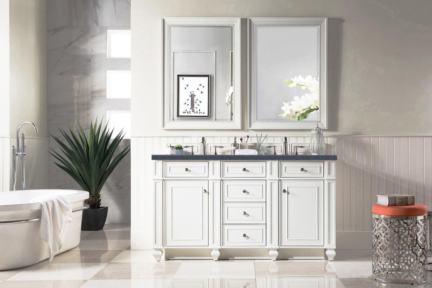 Bristol 60" Double Vanity, Bright White w/ 3 CM Charcoal Soapstone Silestone Top