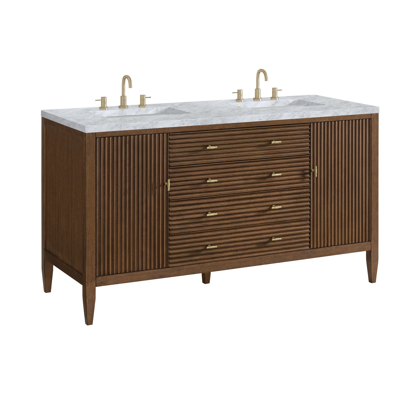 Myrrin 60" Double Vanity, Mid Century Walnut w/ 3 CM Carrara White Marble Top