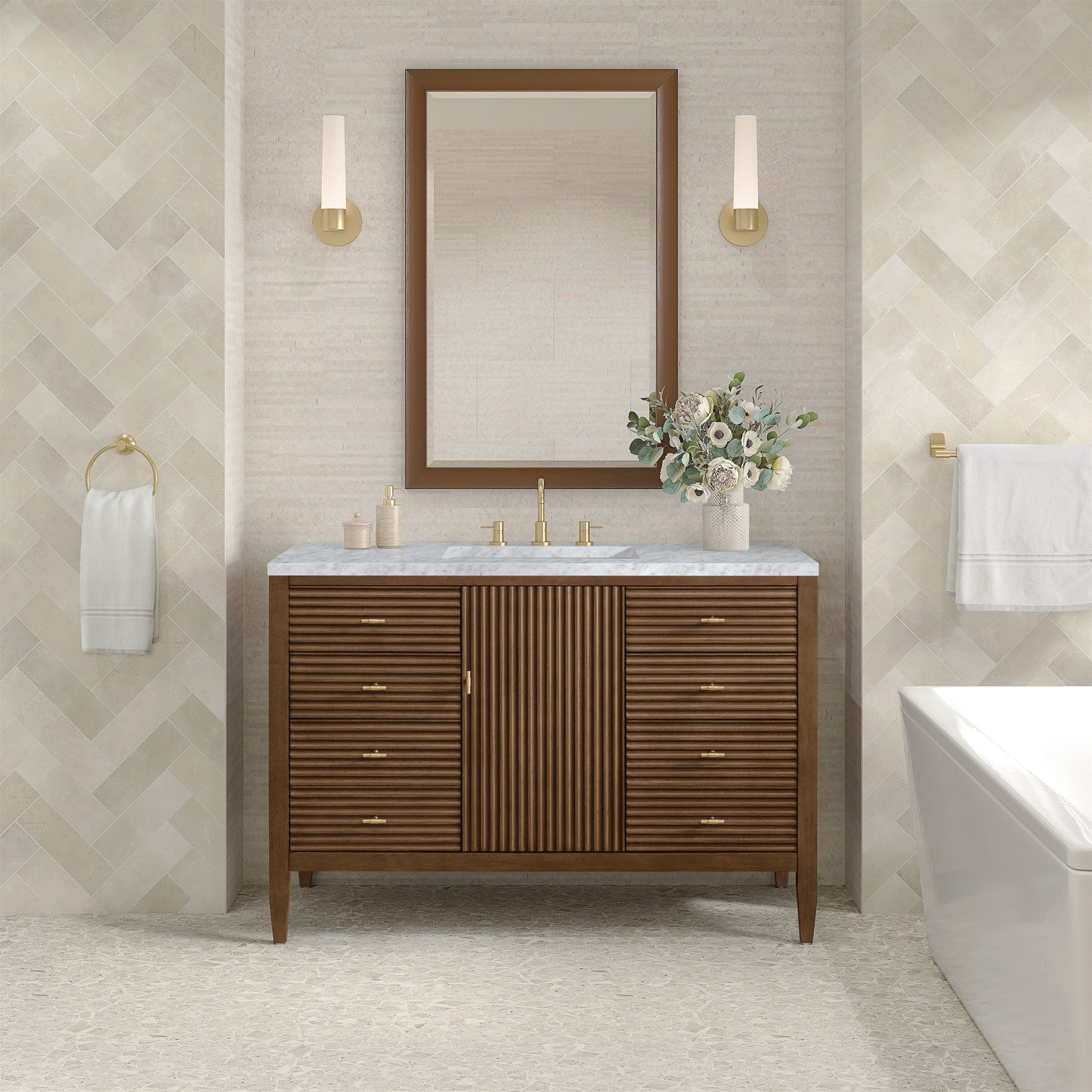 Myrrin 48" Vanity, Mid Century Walnut w/ 3 CM Carrara White Marble Top