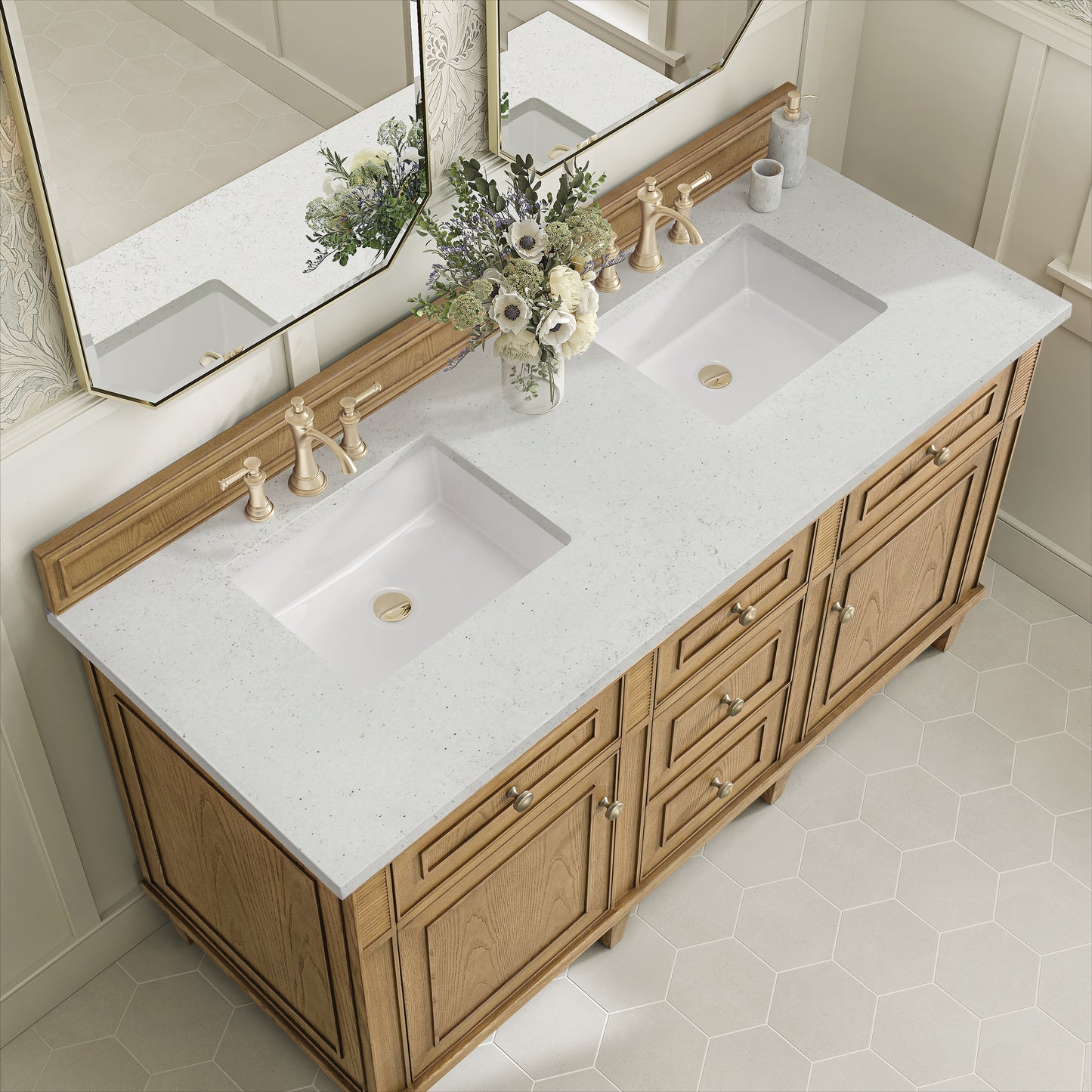 Lorelai 60" Double Vanity, Light Natural Oak w/ 3 CM Lime Delight Silestone Top