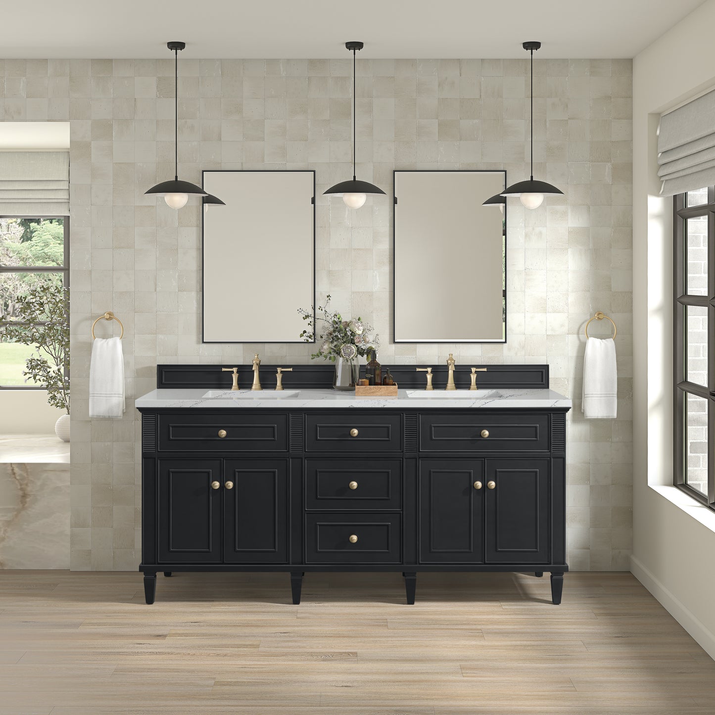 Lorelai 72" Double Vanity, Black Onyx w/ 3 CM Ethereal Noctis Silestone Top