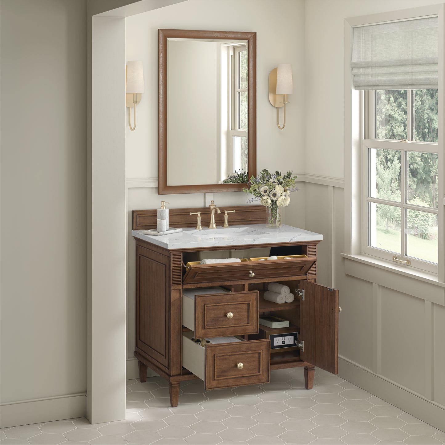 Lorelai 36" Single Vanity, Mid-Century Walnut w/ 3 CM Ethereal Noctis Silestone Top