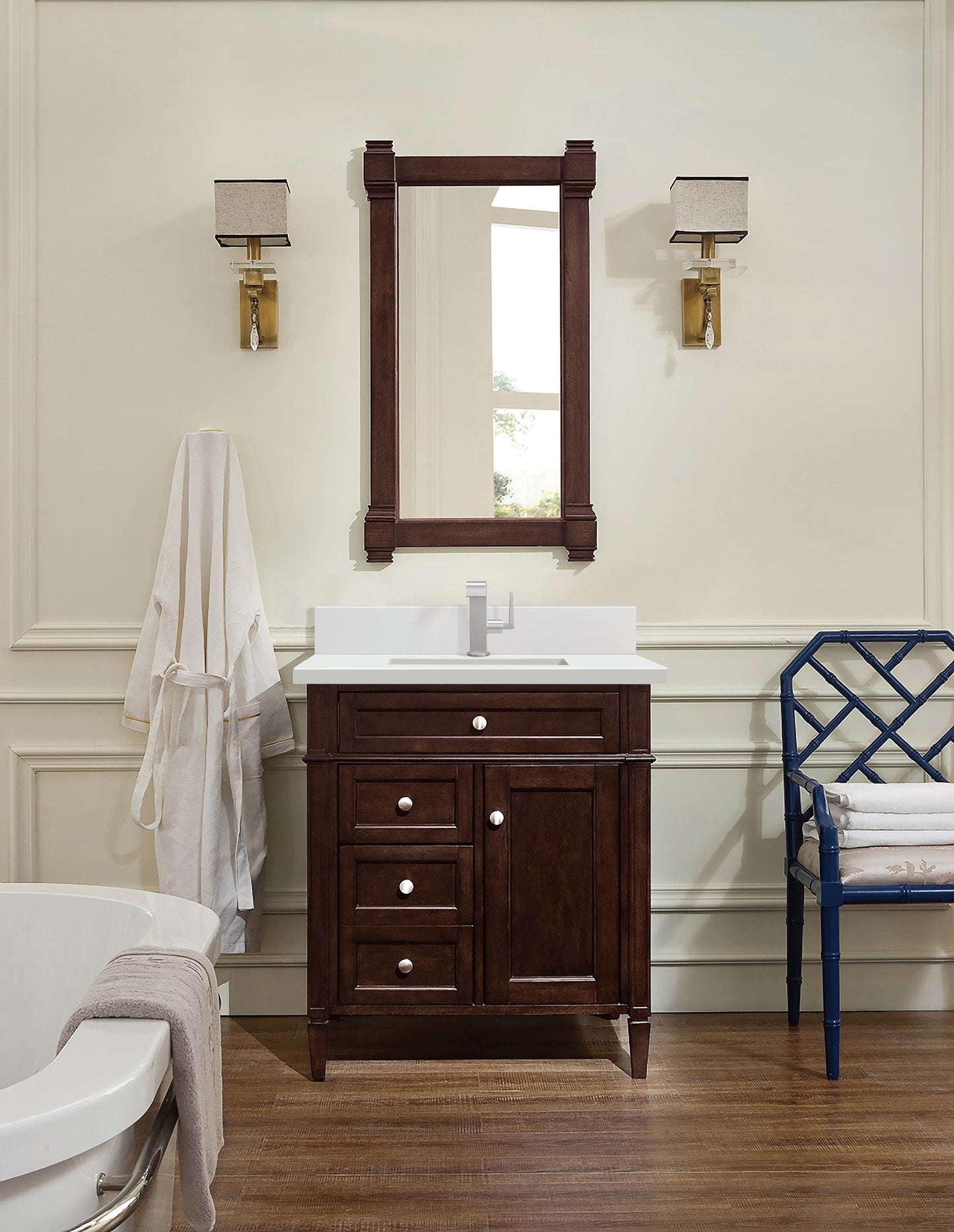 Brittany 30" Single Vanity, Burnished Mahogany, w/ Single Hole 3 CM White Zeus Silestone Top & Backsplash