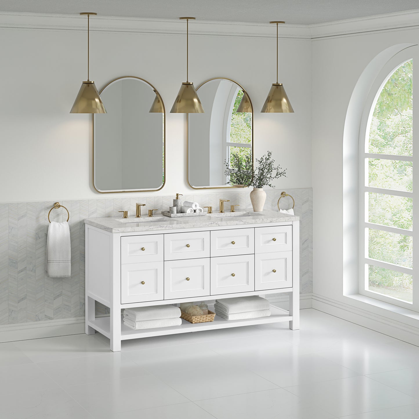 Breckenridge 60" Double Vanity, Bright White, w/ 3 CM Eternal Jasmine Pearl Quartz Top