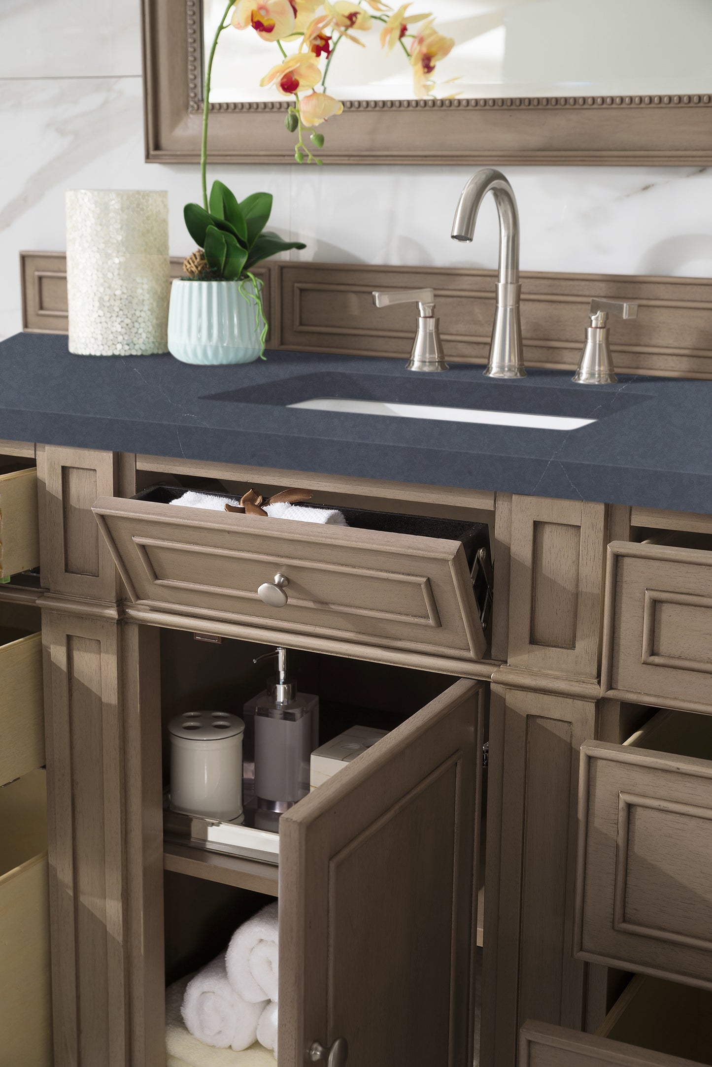 Bristol 60" Single Vanity, Whitewashed Walnut w/ 3 CM Charcoal Soapstone Silestone Top