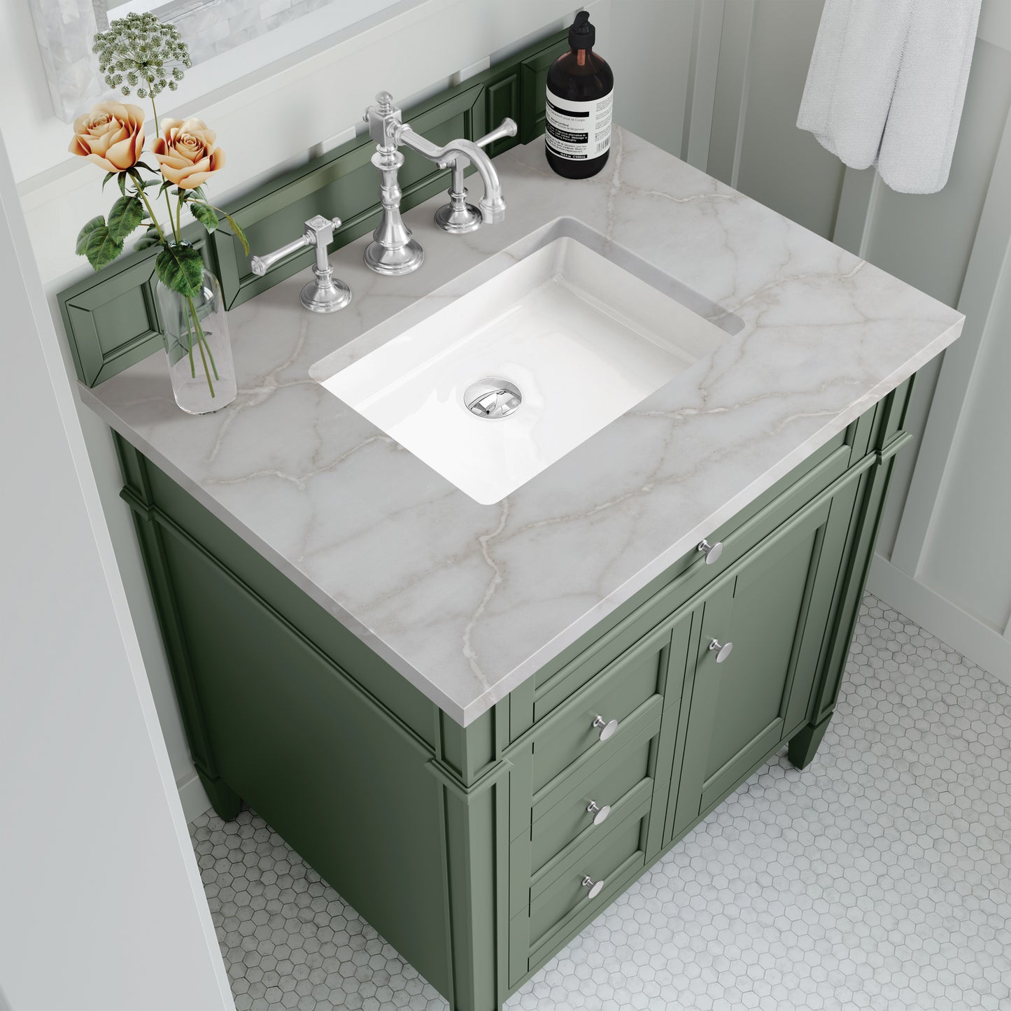 Brittany 30" Single Vanity, Smokey Celadon w/ 3 CM Victorian Silver Top