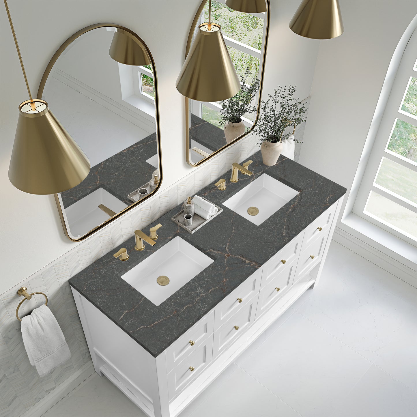 Breckenridge 60" Double Vanity, Bright White, w/ 3 CM Parisien Bleu Quartz Top