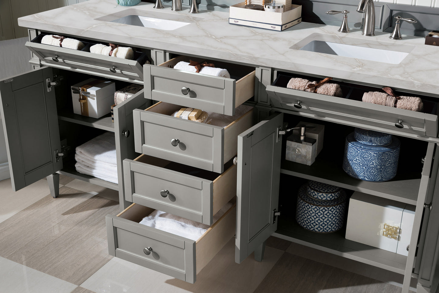 Brittany 72" Double Vanity, Urban Gray w/ 3 CM Victorian Silver Silestone Top