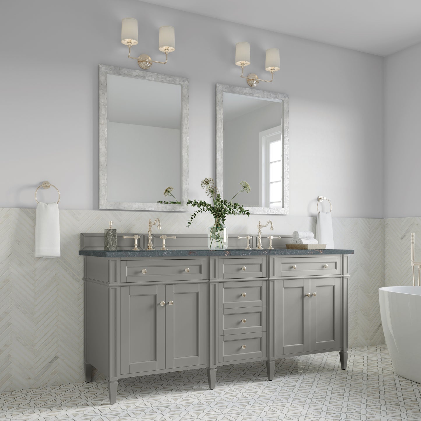 Brittany 72" Double Vanity, Urban Gray w/ 3 CM Parisien Bleu Silestone Top