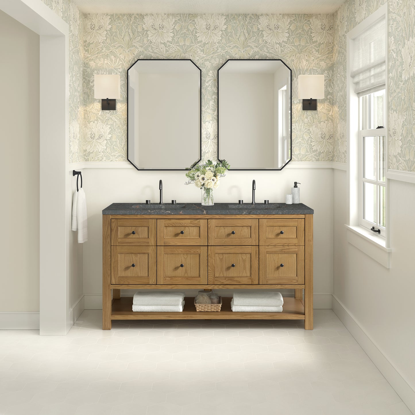 Breckenridge 60" Double Vanity, Light Natural Oak, w/ 3 CM Parisien Bleu Quartz Top