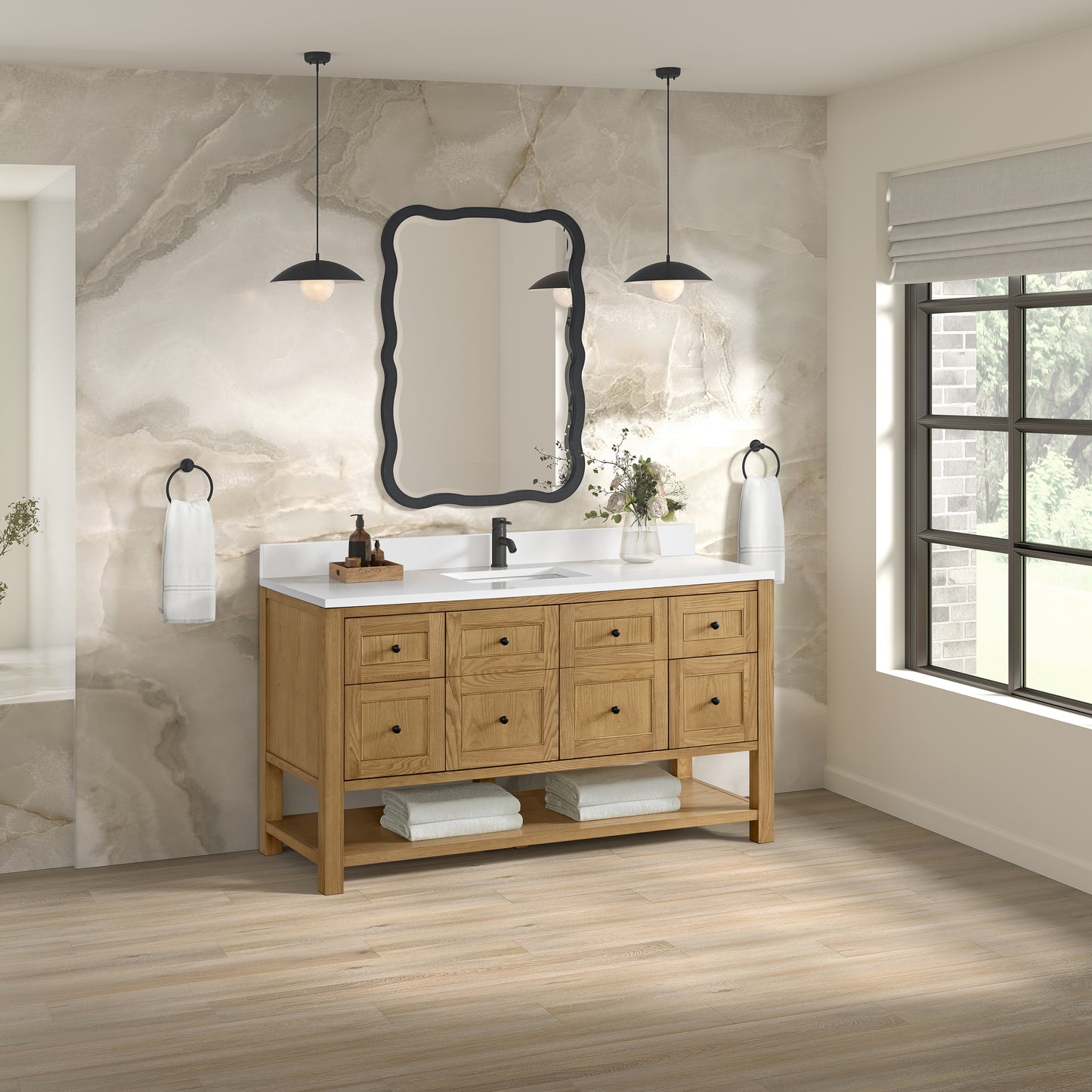 Breckenridge 60" Single Vanity, Light Natural Oak, w/ Single Hole 3 CM White Zeus Quartz Top & Backsplash