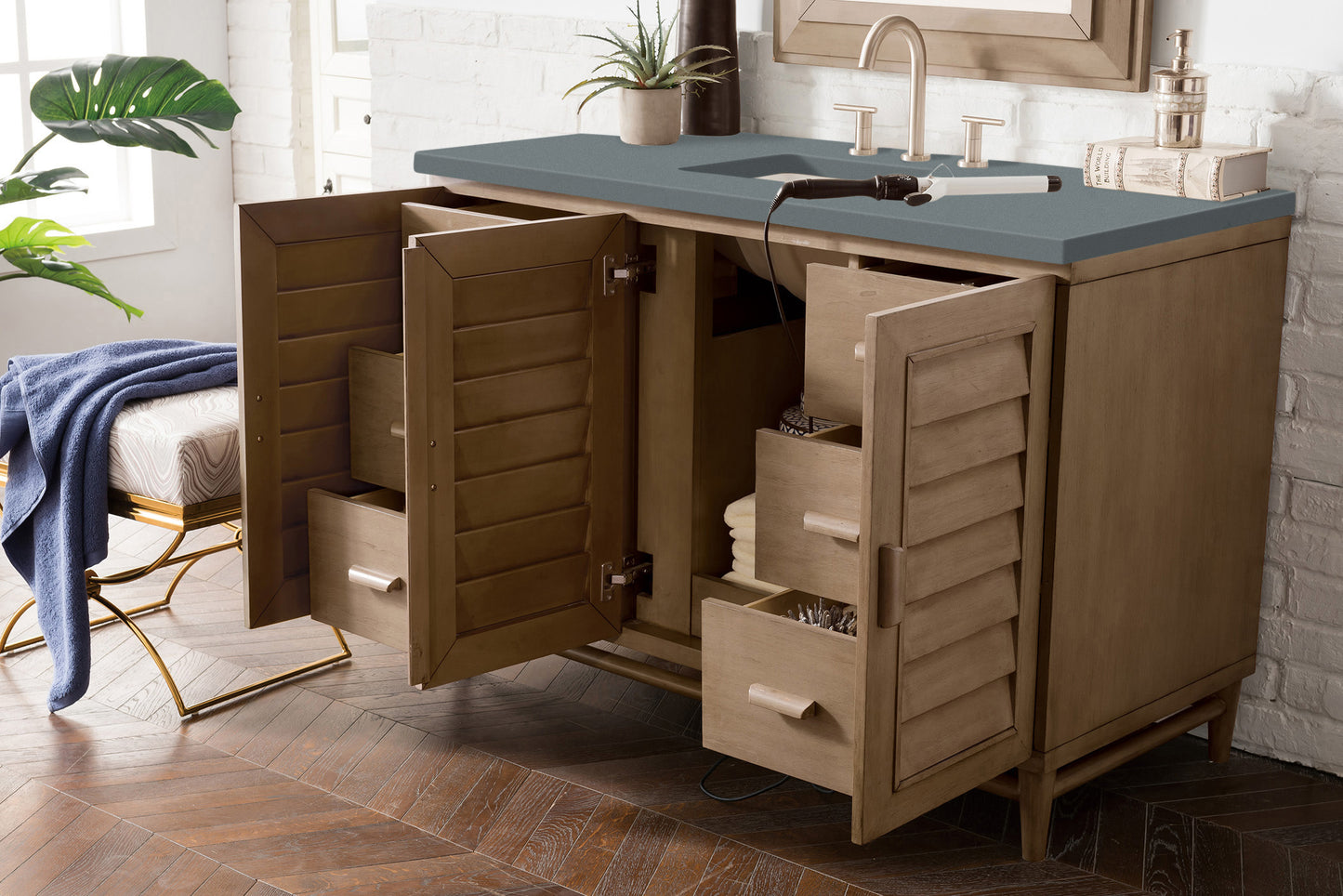 Portland 48" Single Vanity Whitewashed Walnut w/ 3 CM Cala Blue Silestone Top