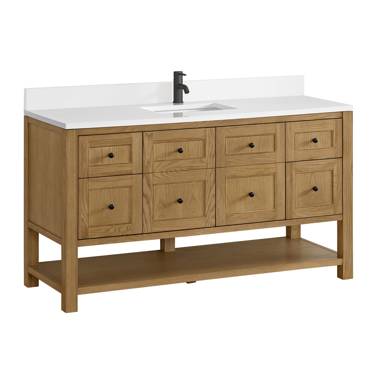 Breckenridge 60" Single Vanity, Light Natural Oak, w/ Single Hole 3 CM White Zeus Quartz Top & Backsplash