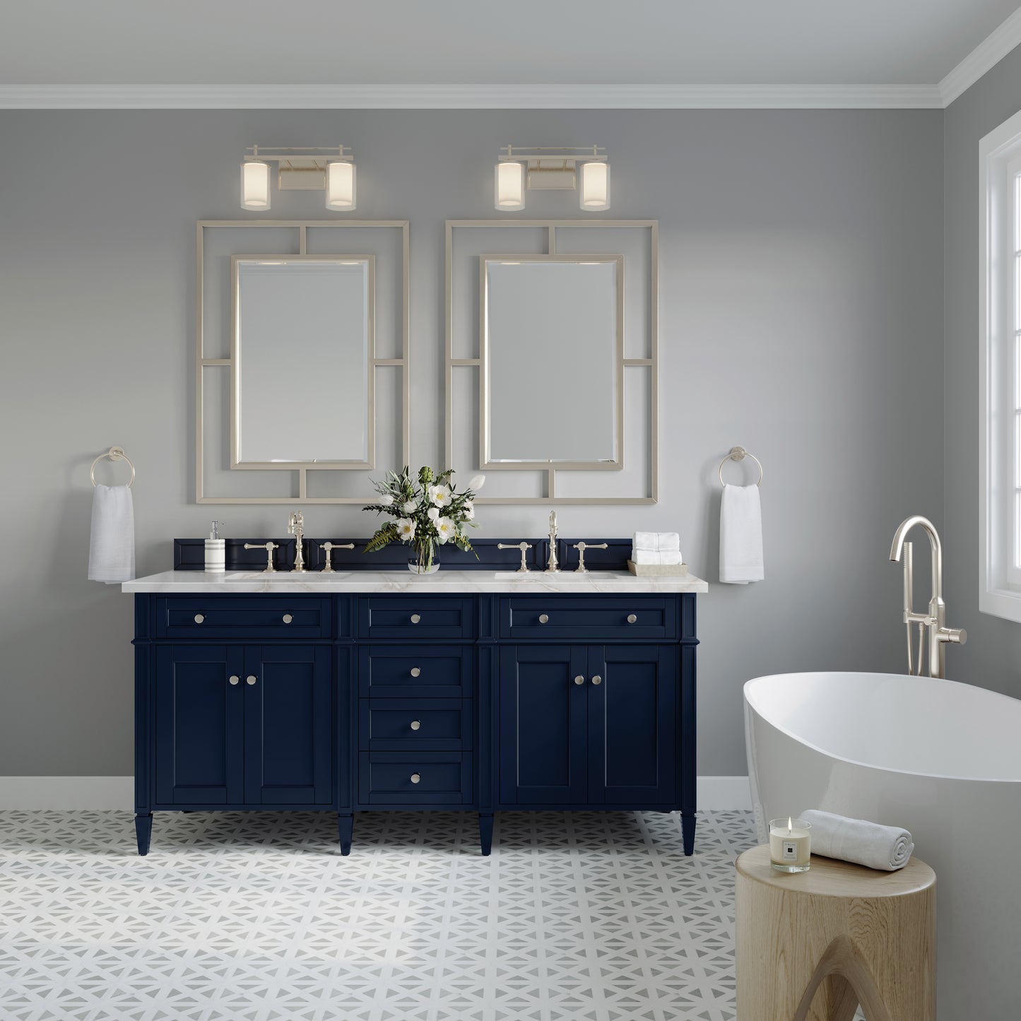 Brittany 72" Double Vanity, Victory Bleu w/ 3 CM Victorian Silver Silestone Top