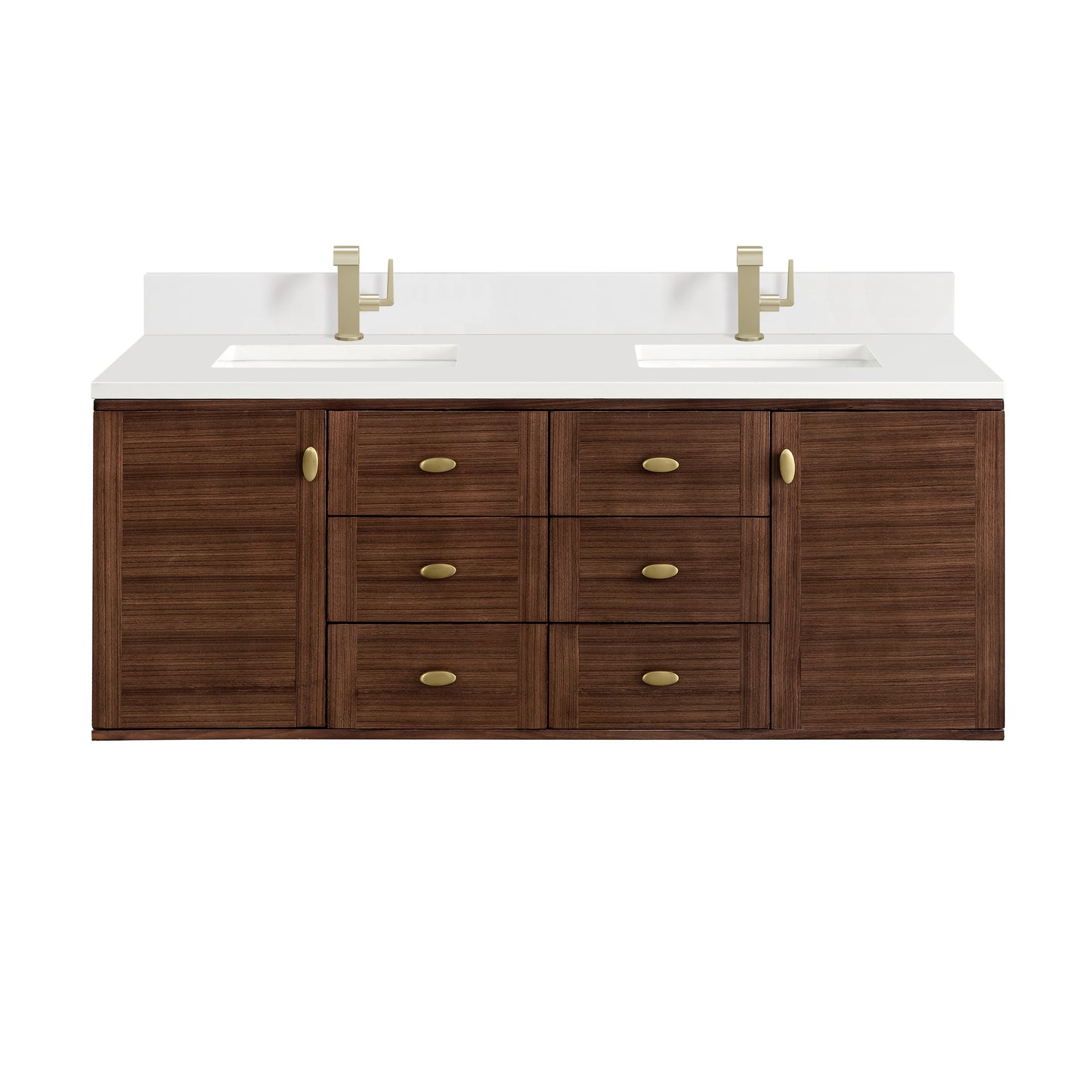 Amberly 60" Double Vanity, Mid-Century Walnut w/ Single Hole 3 CM White Zeus Top & Backsplash