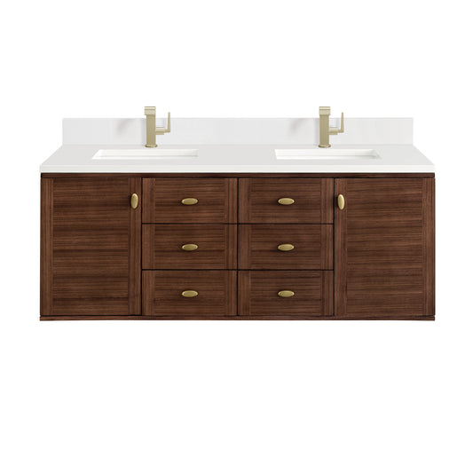Amberly 60" Double Vanity, Mid-Century Walnut w/ Single Hole 3 CM White Zeus Top & Backsplash