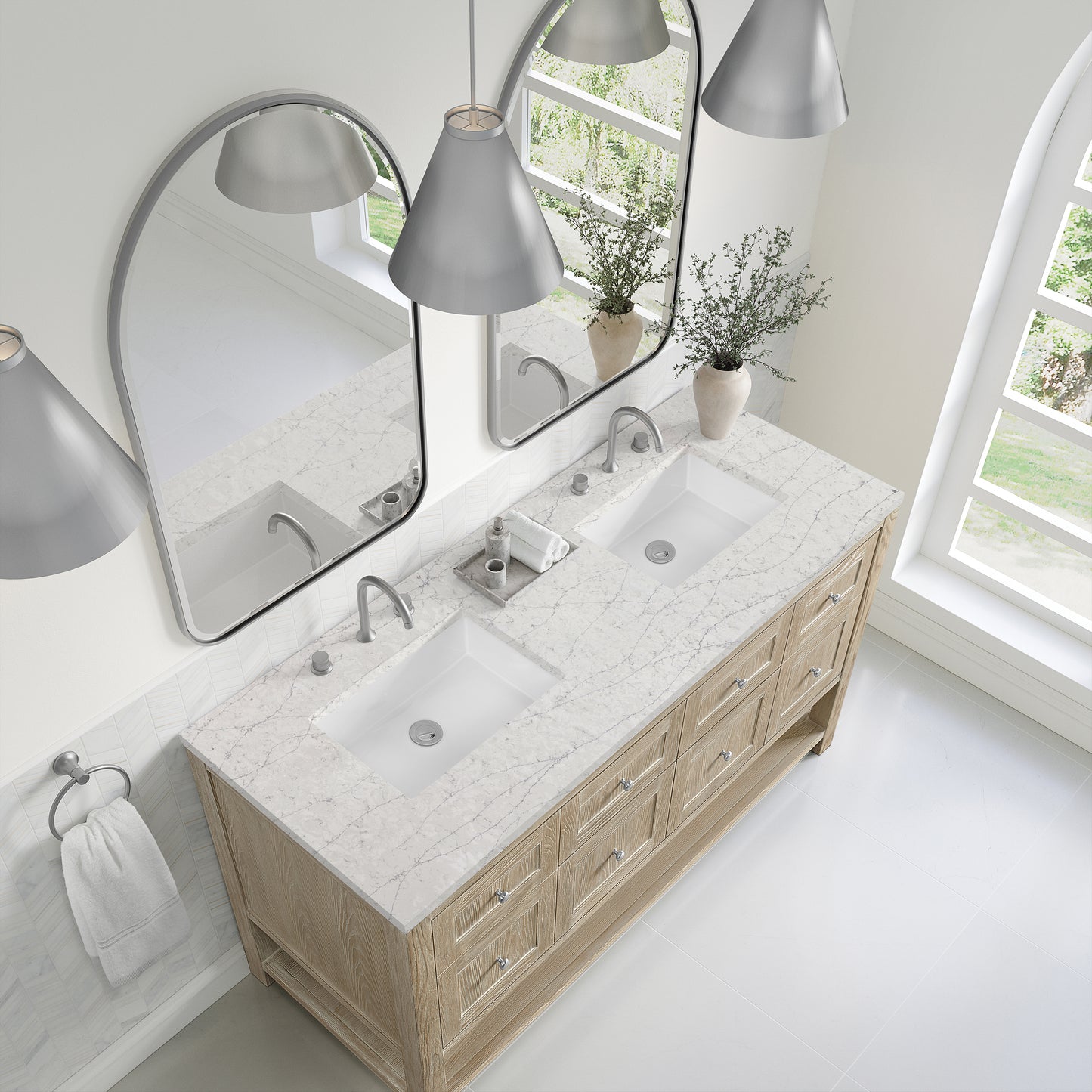 Breckenridge 60" Double Vanity, Whitewashed Oak, w/ 3 CM Eternal Jasmine Pearl Quartz Top