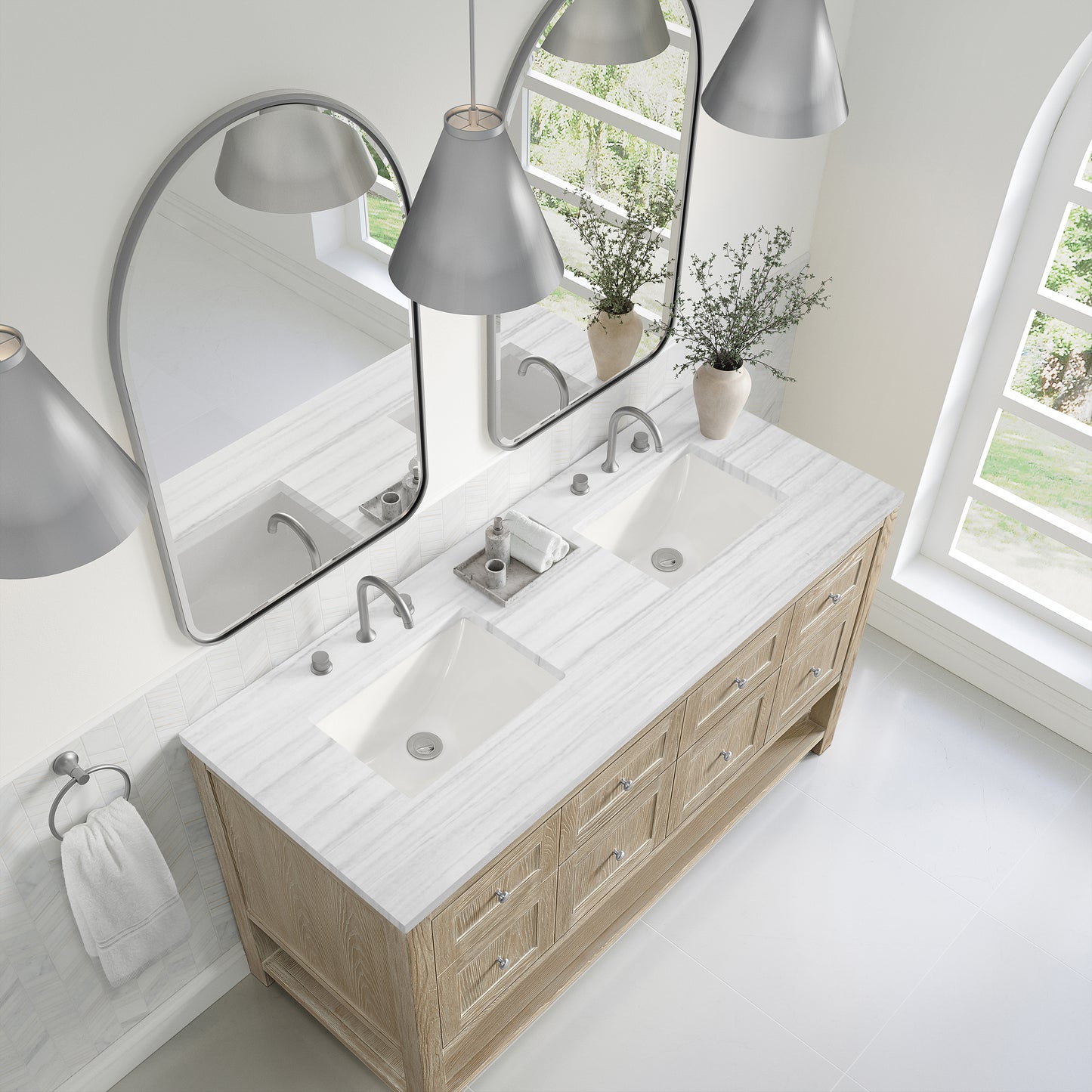Breckenridge 60" Double Vanity, Whitewashed Oak, w/ 3 CM Arctic Fall Solid Surface Top