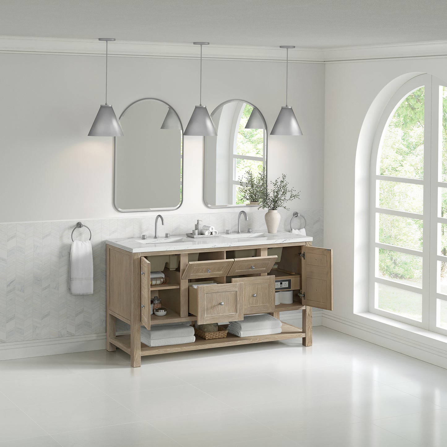 Breckenridge 60" Double Vanity, Whitewashed Oak, w/ 3 CM Ethereal Noctis Quartz Top