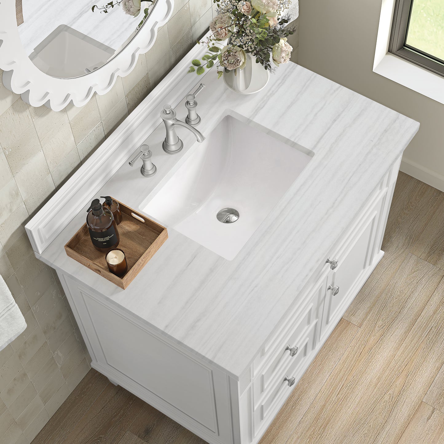 Lorelai 36" Single Vanity, Bright White w/ 3 CM Arctic Fall Solid Surface Top