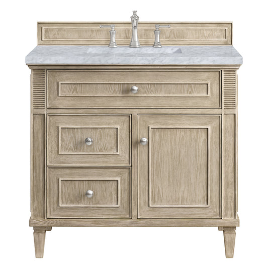 Lorelai 36" Single Vanity, Whitewashed Oak w/ 3 CM Carrara White Marble Top