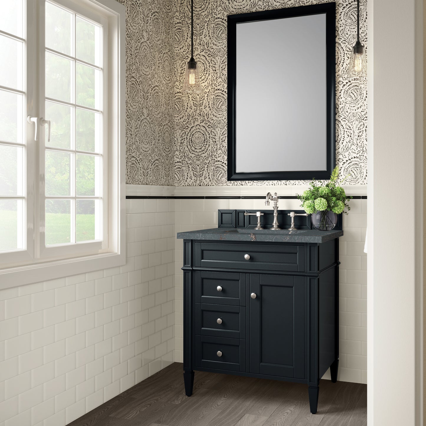 Brittany 30" Single Vanity, Black Onyx, w/ 3 CM Parisien Bleu Silestone Top