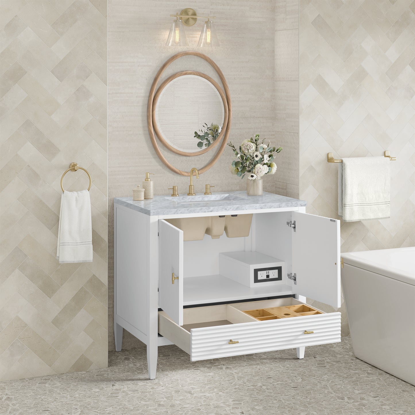 Myrrin 36" Vanity, Bright White w/ 3 CM Carrara White Marble Top