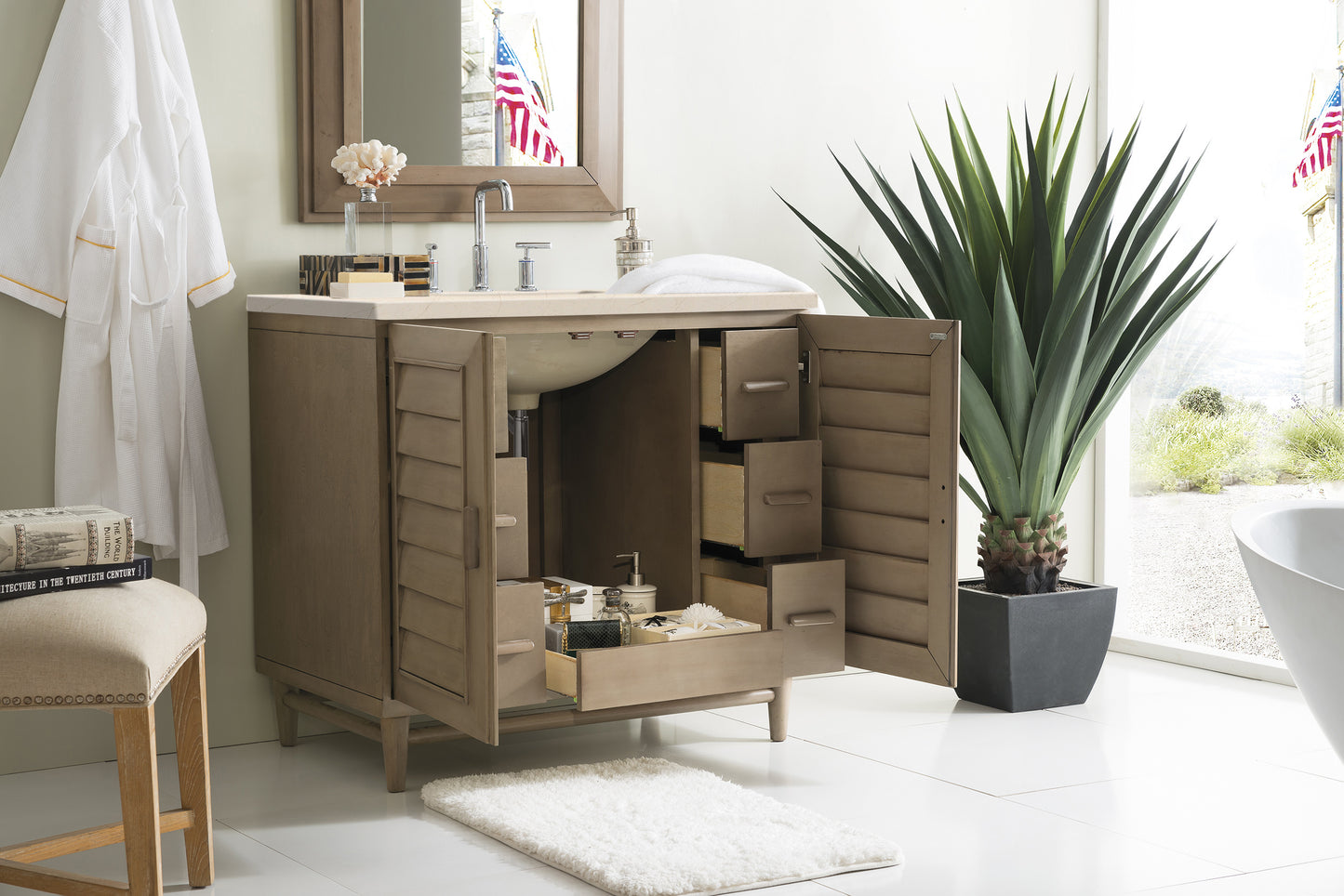 Portland 36" Single Vanity Whitewashed Walnut w/ 3 CM Eternal Marfil Silestone Top