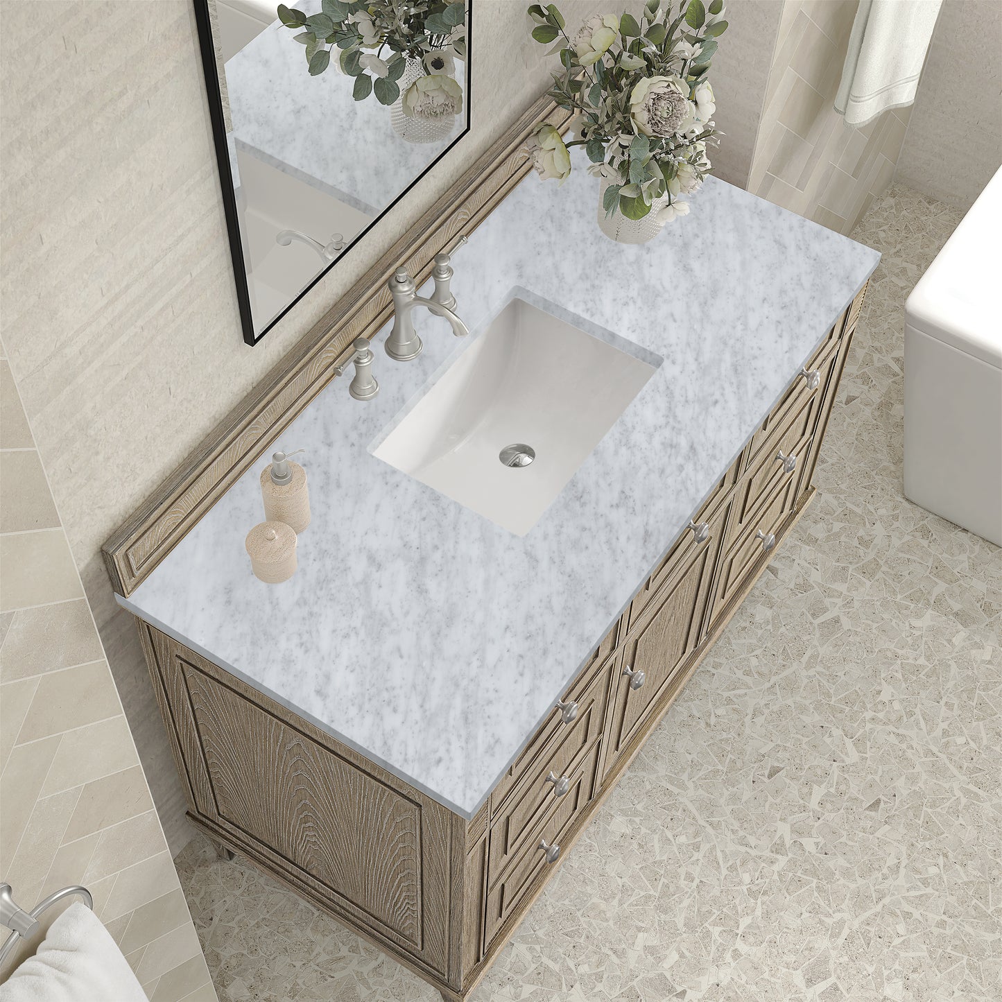 Lorelai 48" Single Vanity, Whitewashed Oak w/ 3 CM Carrara White Marble Top