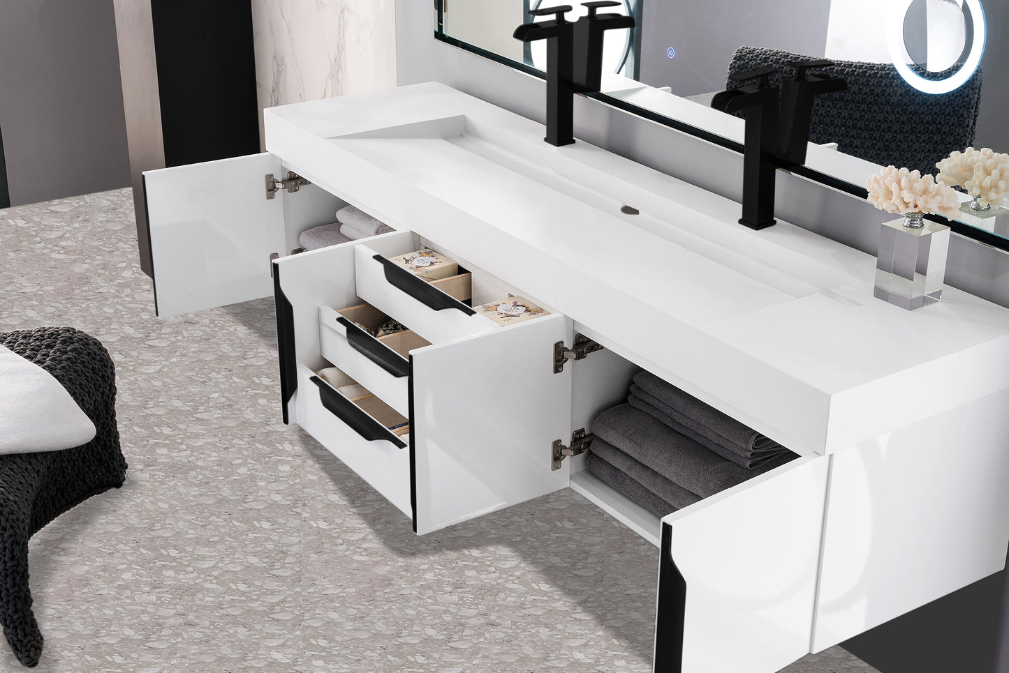 Columbia 72" Double Wall Mount Vanity, Glossy White, Matte Black w/ Glossy White Composite Stone Top