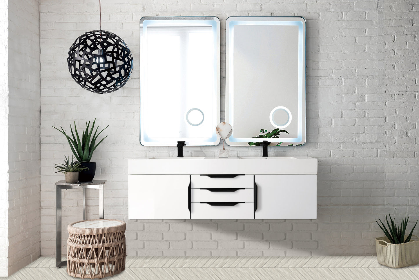 Columbia 59" Double Wall Mount Vanity, Glossy White, Matte Black w/ Glossy White Composite Stone Top