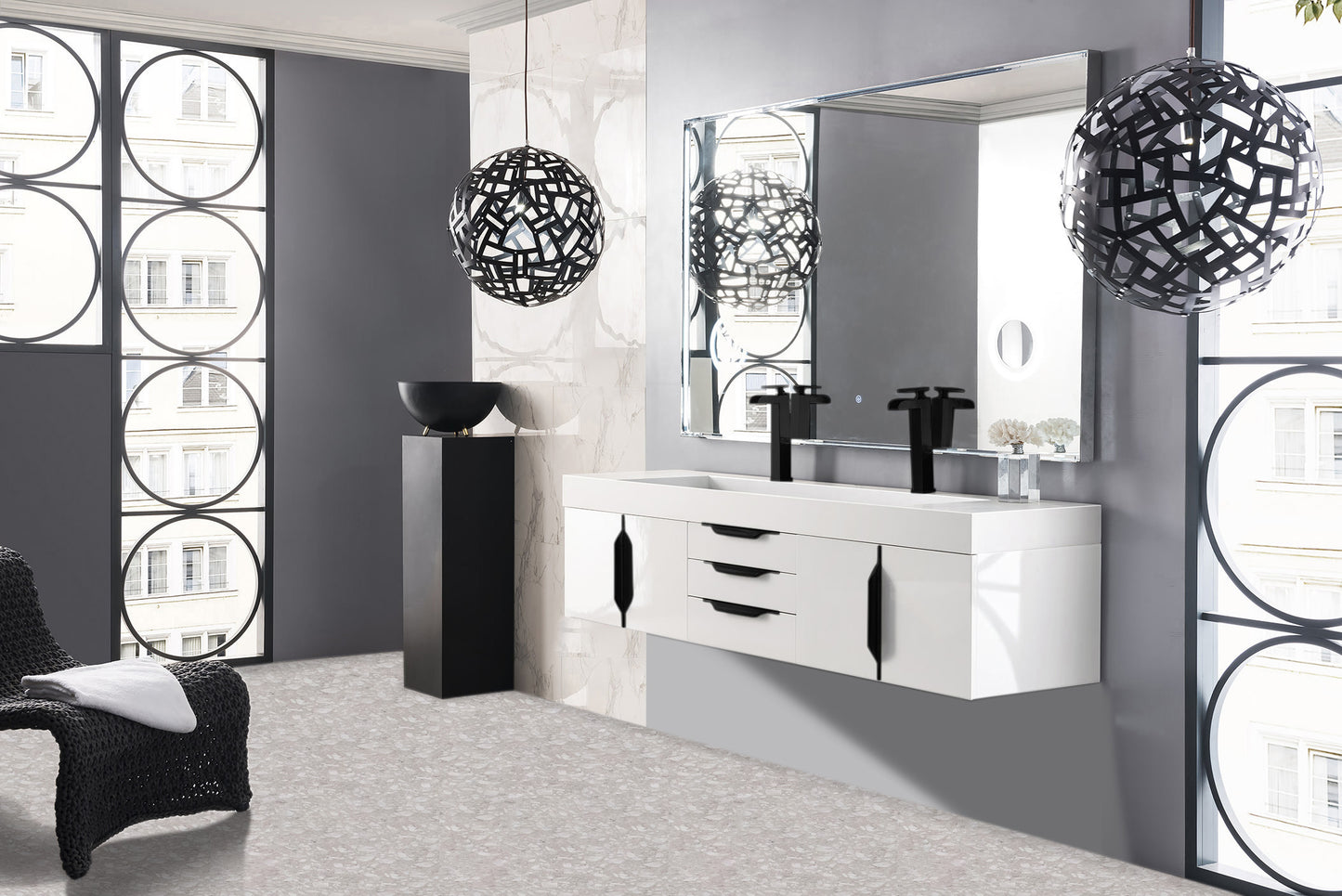 Columbia 72" Double Wall Mount Vanity, Glossy White, Matte Black w/ Glossy White Composite Stone Top