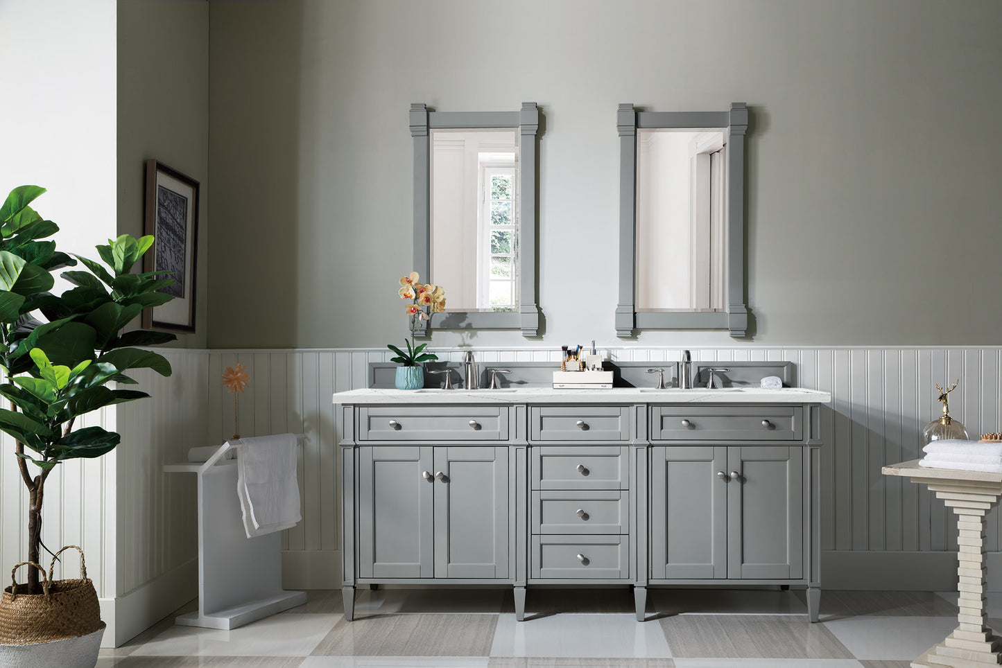 Brittany 72" Double Vanity, Urban Gray w/ 3 CM Ethereal Noctis Silestone Top