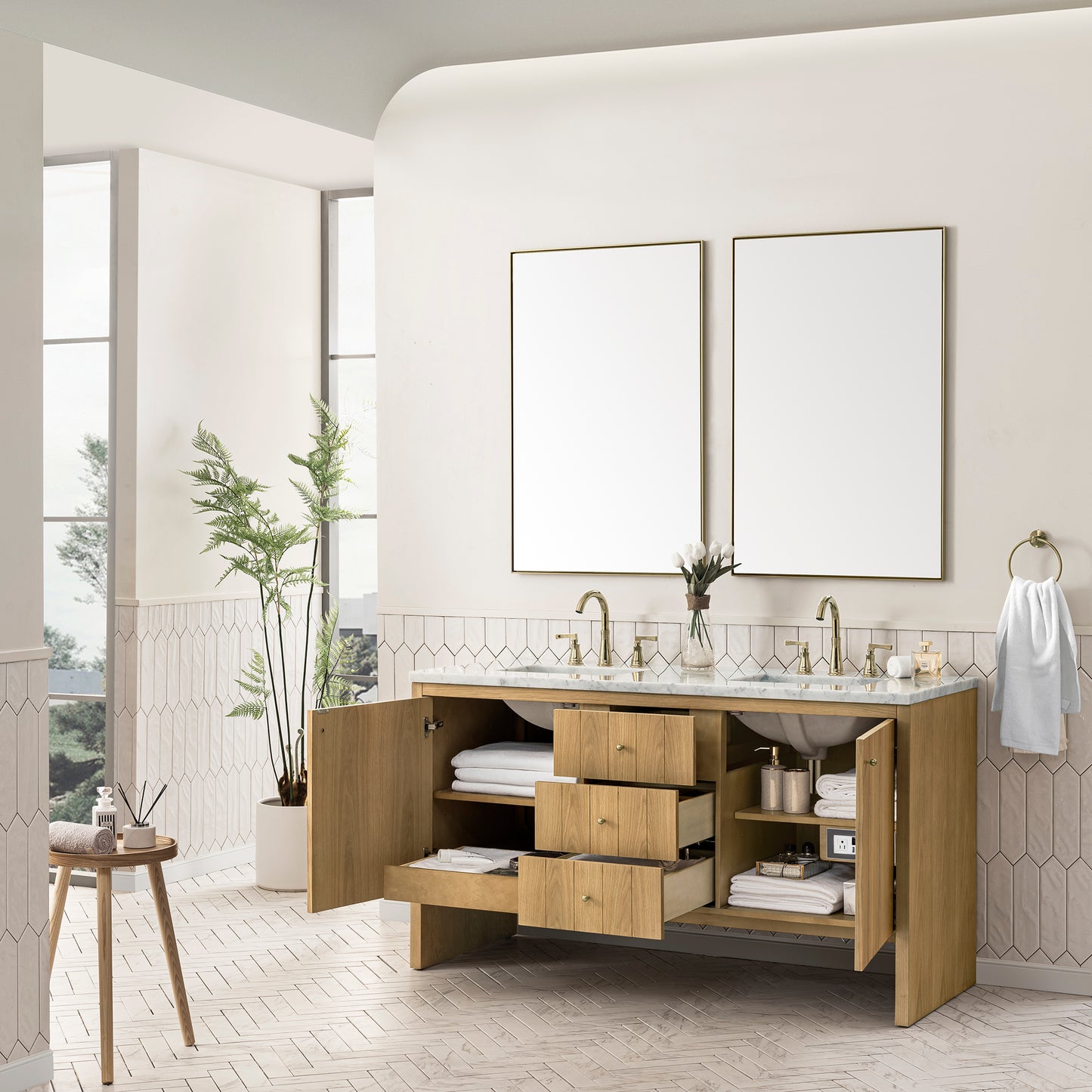 Hudson 60" Double Vanity, Light Natural Oak w/ 3 CM Arctic Fall Top
