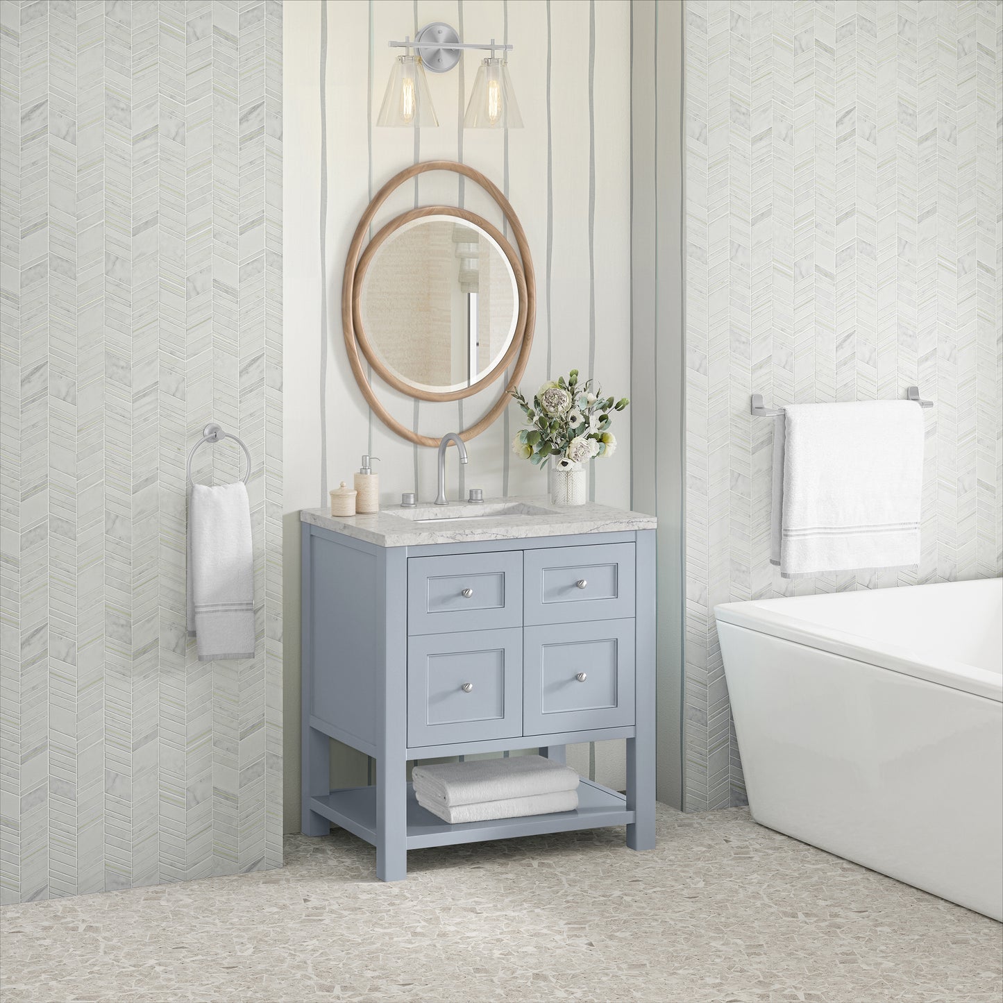 Breckenridge 30" Single Vanity, Serenity Blue, w/ 3 CM Eternal Jasmine Pearl Quartz Top
