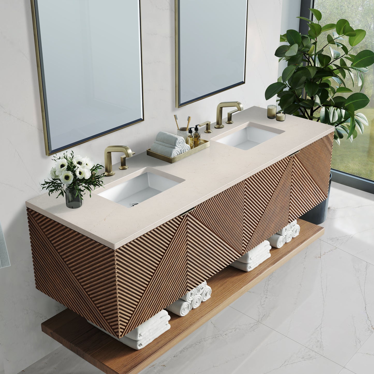 Marcello 72" Double Vanity, Chestnut w/ 3 CM Eternal Marfil Top