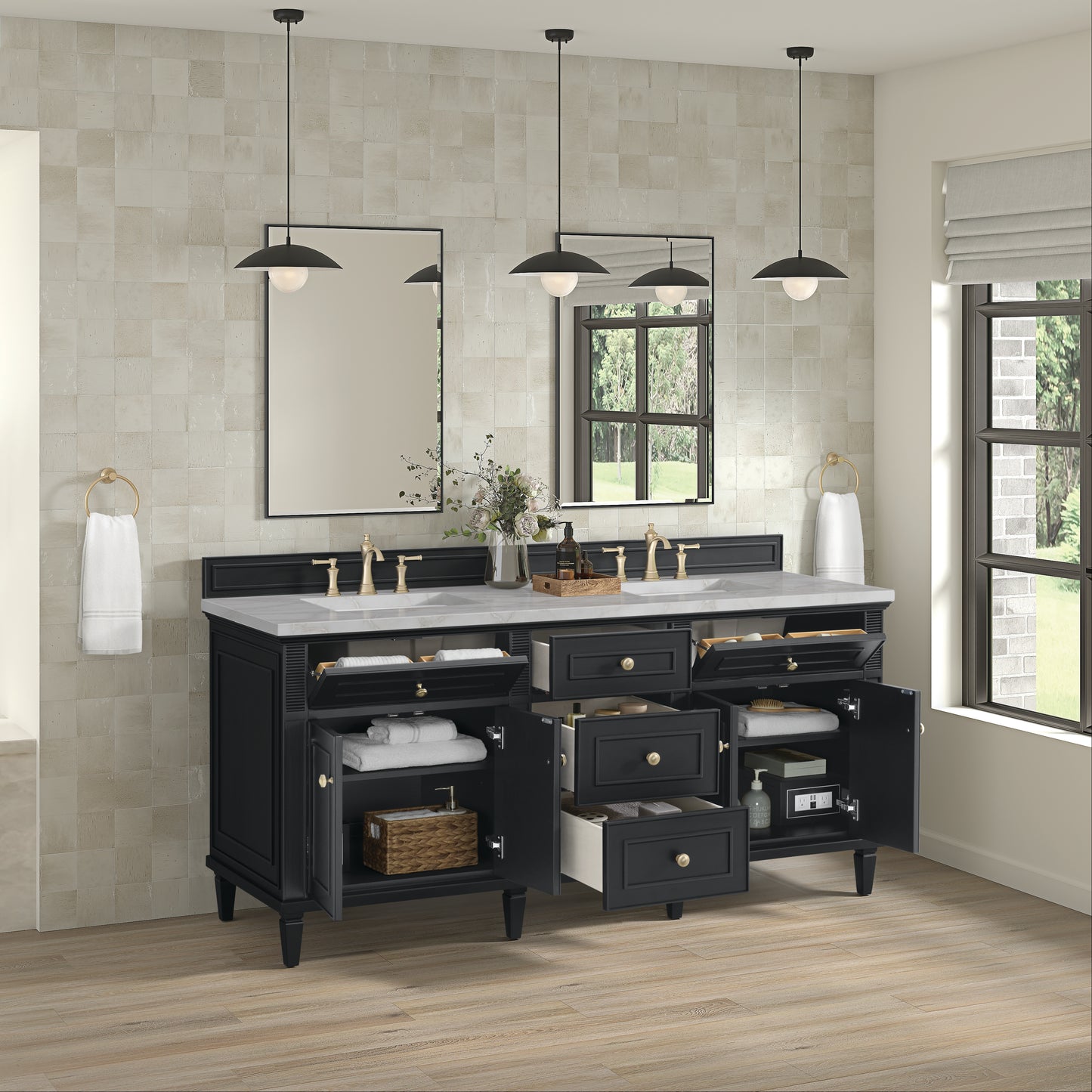 Lorelai 72" Double Vanity, Black Onyx w/ 3 CM Victorian Silver Silestone Top