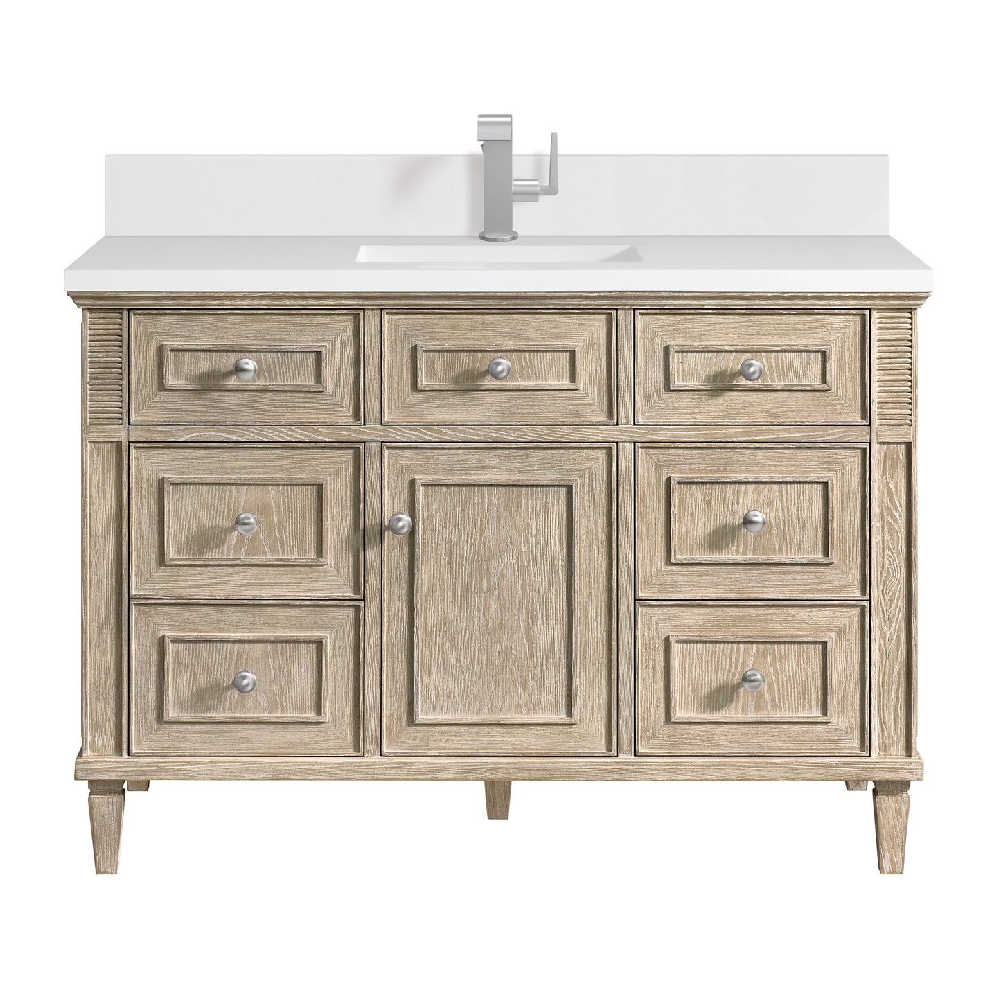 Lorelai 48" Single Vanity, Whitewashed Oak w/ Single Hole 3 CM White Zeus Silestone Top & Backsplash