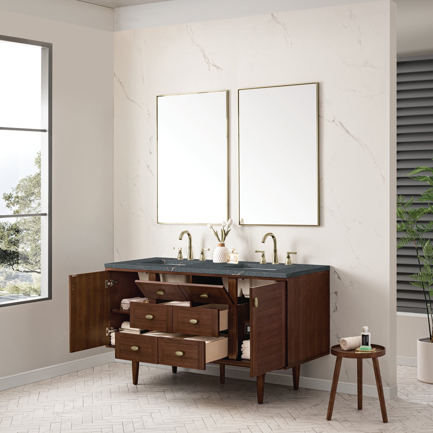 Amberly 60" Double Vanity, Mid-Century Walnut w/ 3 CM Parisien Bleu Top