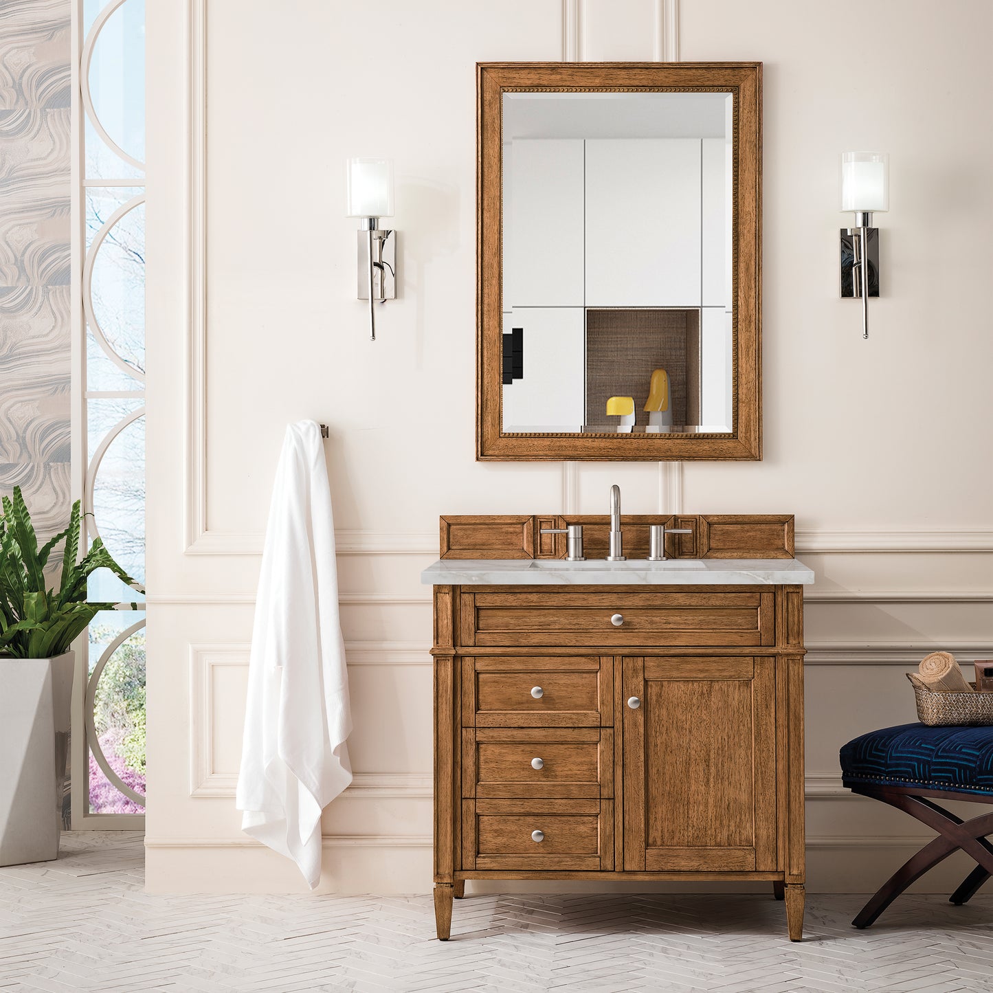 Brittany 36" Single Vanity, Saddle Brown w/ 3 CM Victorian Silver Silestone Top