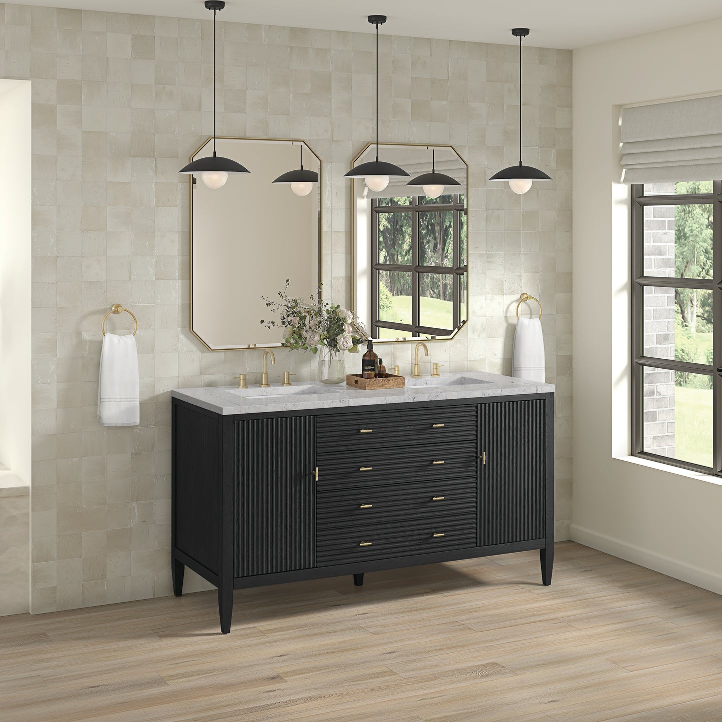 Myrrin 60" Double Vanity, Carbon Oak w/ 3 CM Eternal Jasmine Pearl Silestone Top