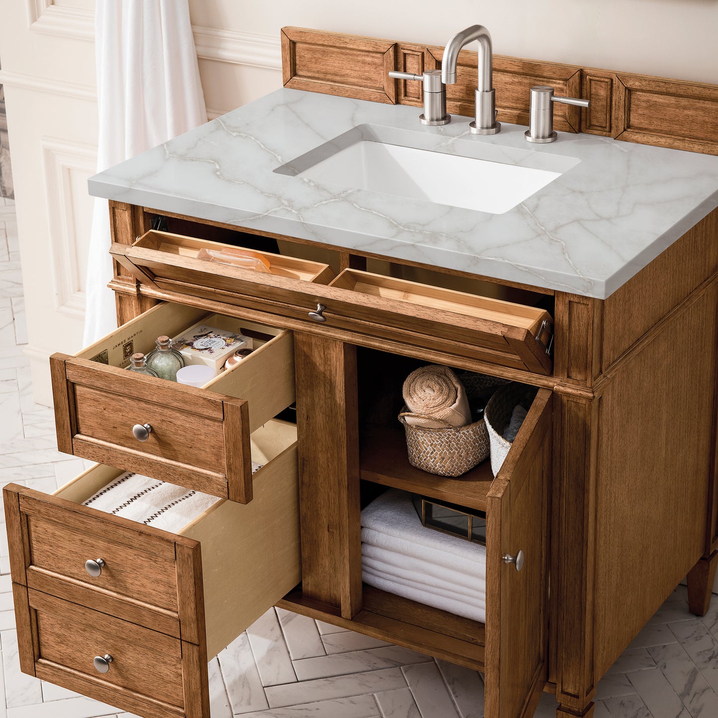 Brittany 36" Single Vanity, Saddle Brown w/ 3 CM Victorian Silver Silestone Top