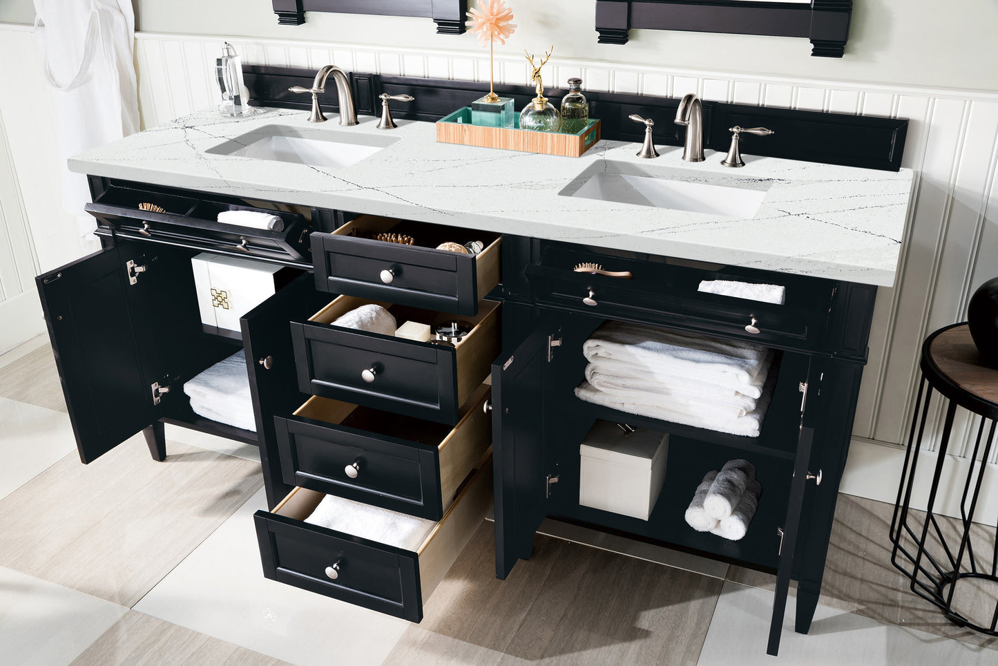 Brittany 72" Double Vanity, Black Onyx w/ 3 CM Ethereal Noctis Silestone Top