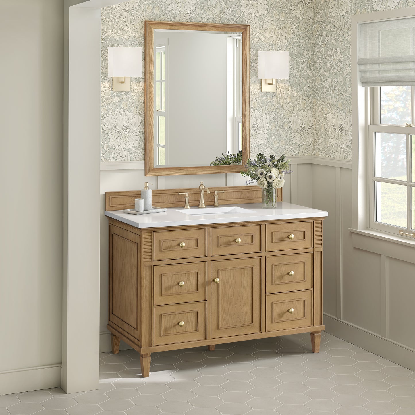 Lorelai 48" Single Vanity, Light Natural Oak w/ 3 CM White Zeus Silestone Top