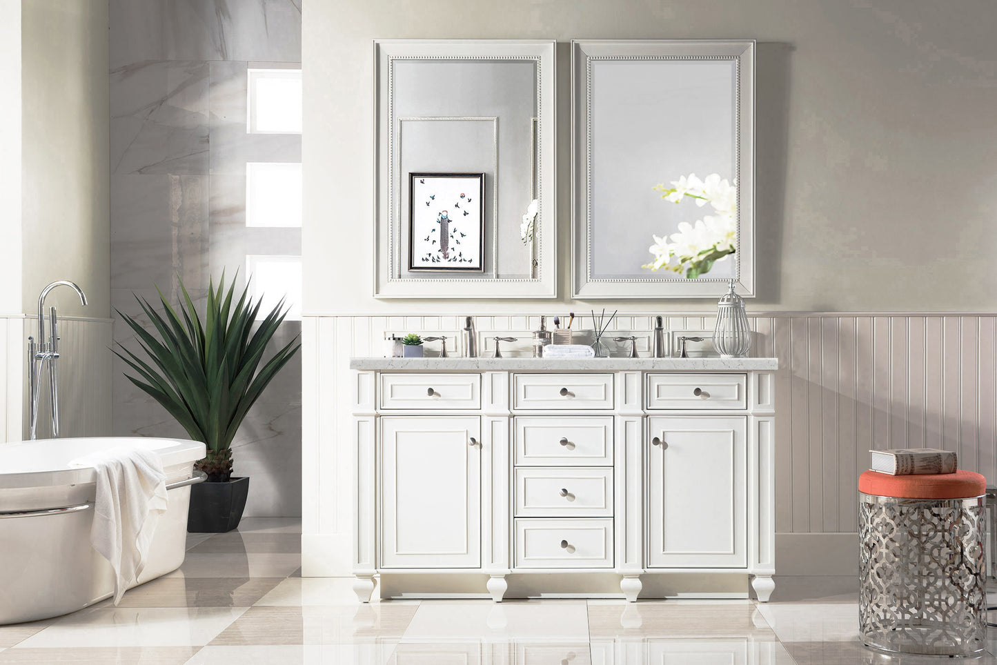 Bristol 60" Double Vanity, Bright White w/ 3 CM Eternal Jasmine Pearl Silestone Top