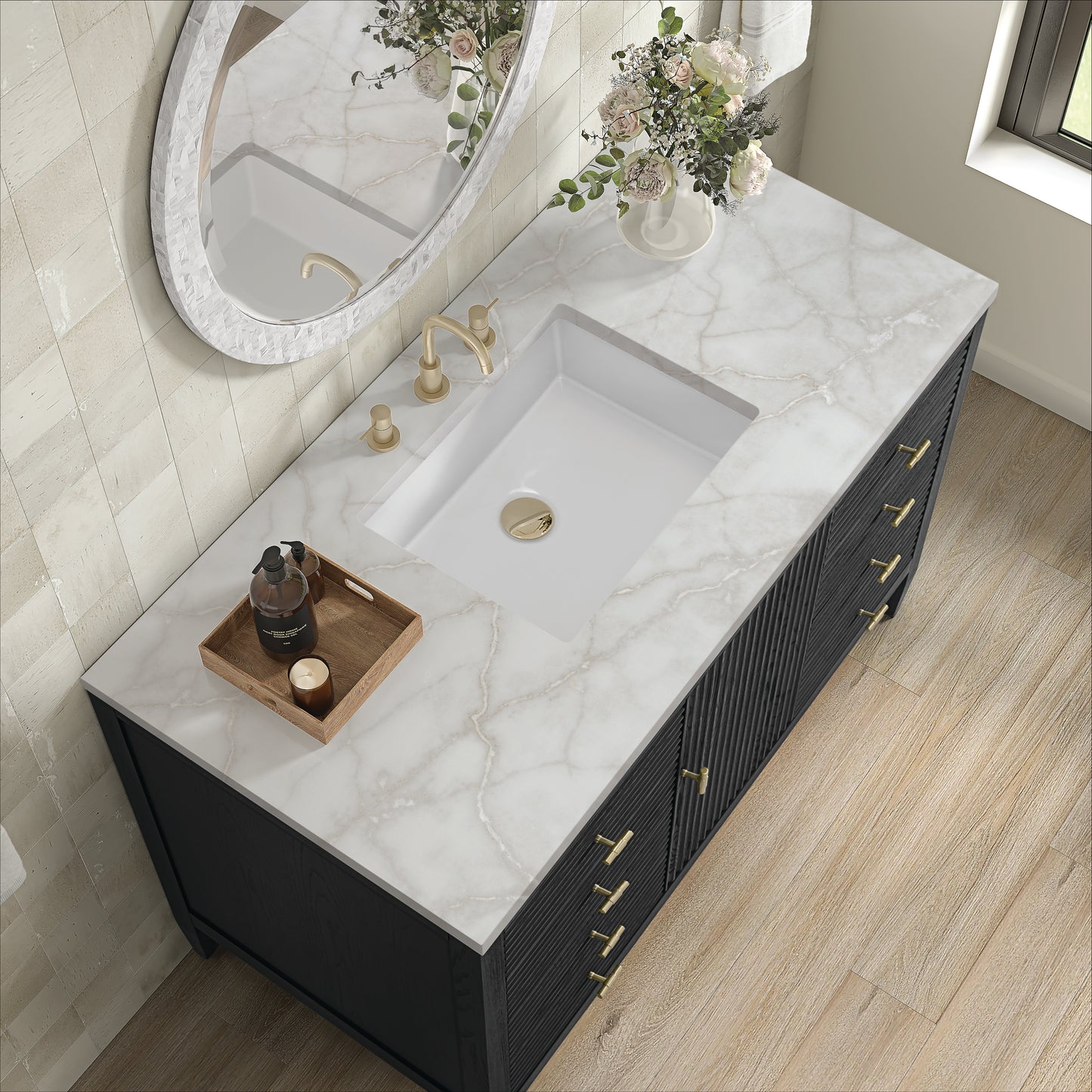 Myrrin 48" Vanity, Carbon Oak w/ 3 CM Victorian Silver Silestone Top