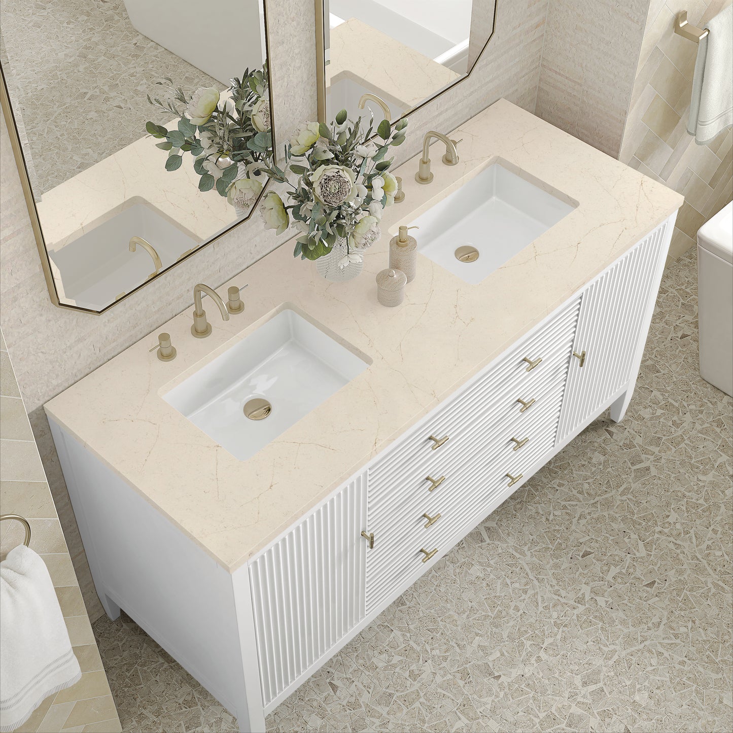 Myrrin 60" Double Vanity, Bright White w/ 3 CM Eternal Marfil Silestone Top