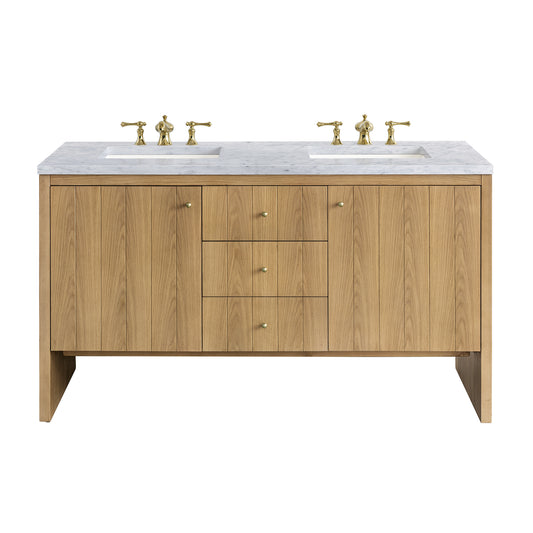Hudson 60" Double Vanity, Light Natural Oak w/ 3 CM Carrara Marble Top